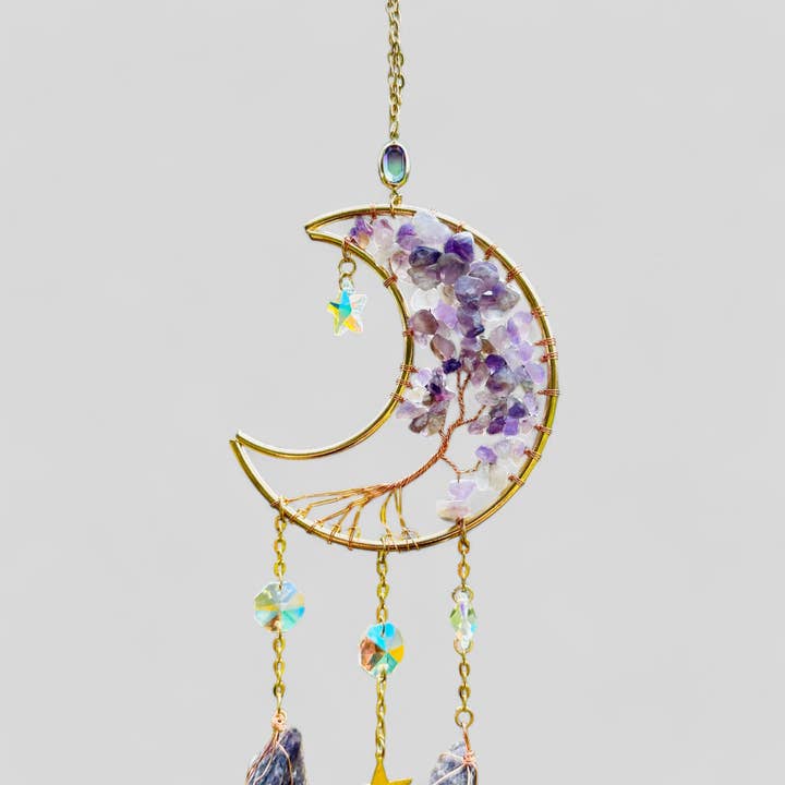 Guzel Handcrafts - Wholesale Dream Catcher - Gold Metal Crescent Moon Dreamcatcher Suncatcher with Tree of Life Amethyst Stones & Hanging Jewel Charms -- Window Hanging or Wall Hanging1