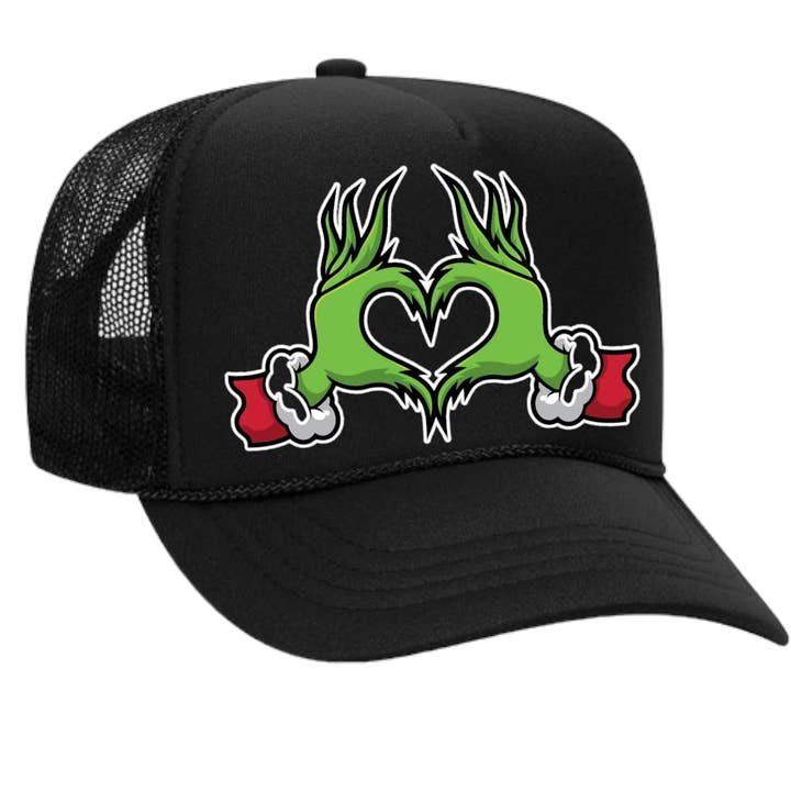 Tiny Heart Grinch Christmas trucker hat for wholesale by The Candy Collections