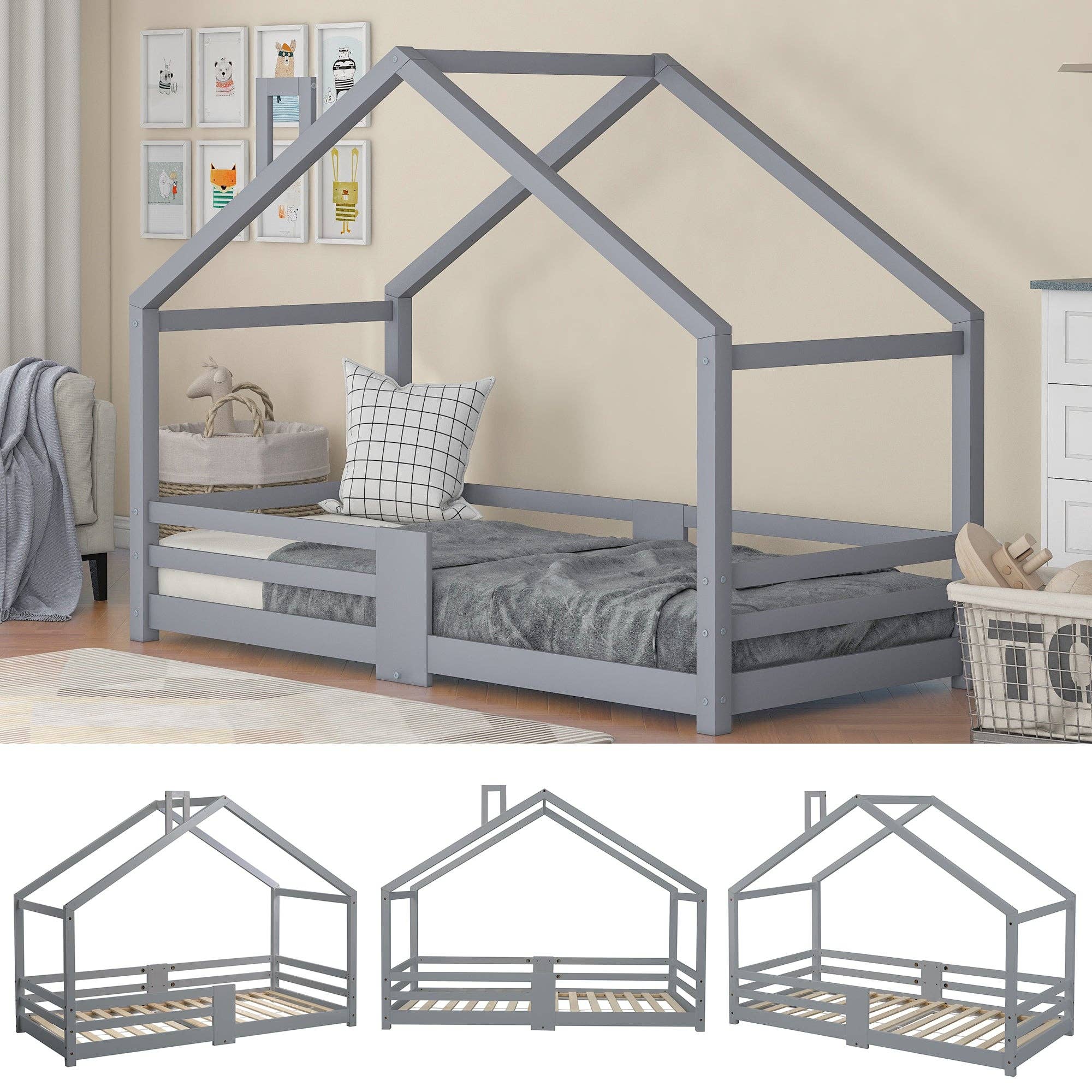 Urban Meuble - Vente Lit – enfant et bébé - Lit enfant lit cabane avec cheminée sommier à lattes robuste lit cabane en bois de pin gris, 90 x 200 cm sans matelas STRONS10
