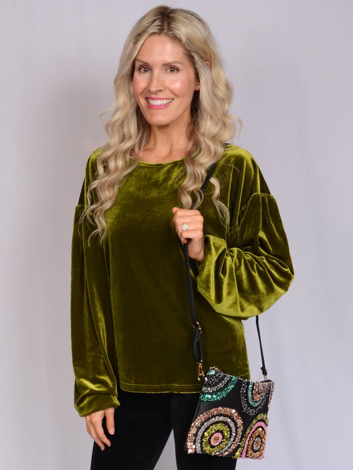 Kaleidoscope Accessories - Wholesale Blouse - Women's - Velvet Pullover w/ Puffy Drop Sleeves Tops, 2 Sizes Assorted