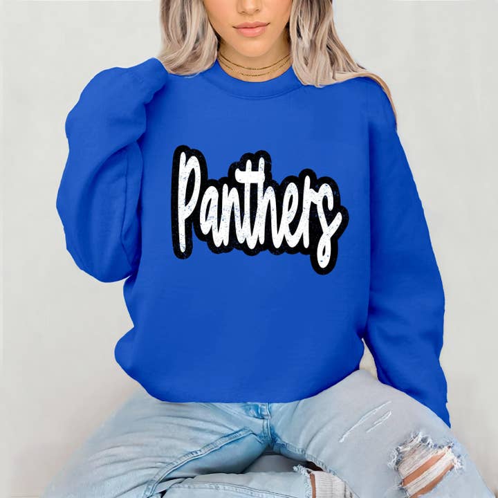 Distressed Script Panthers School Spirit Sweatshirt for wholesale by Shirts & Giggles