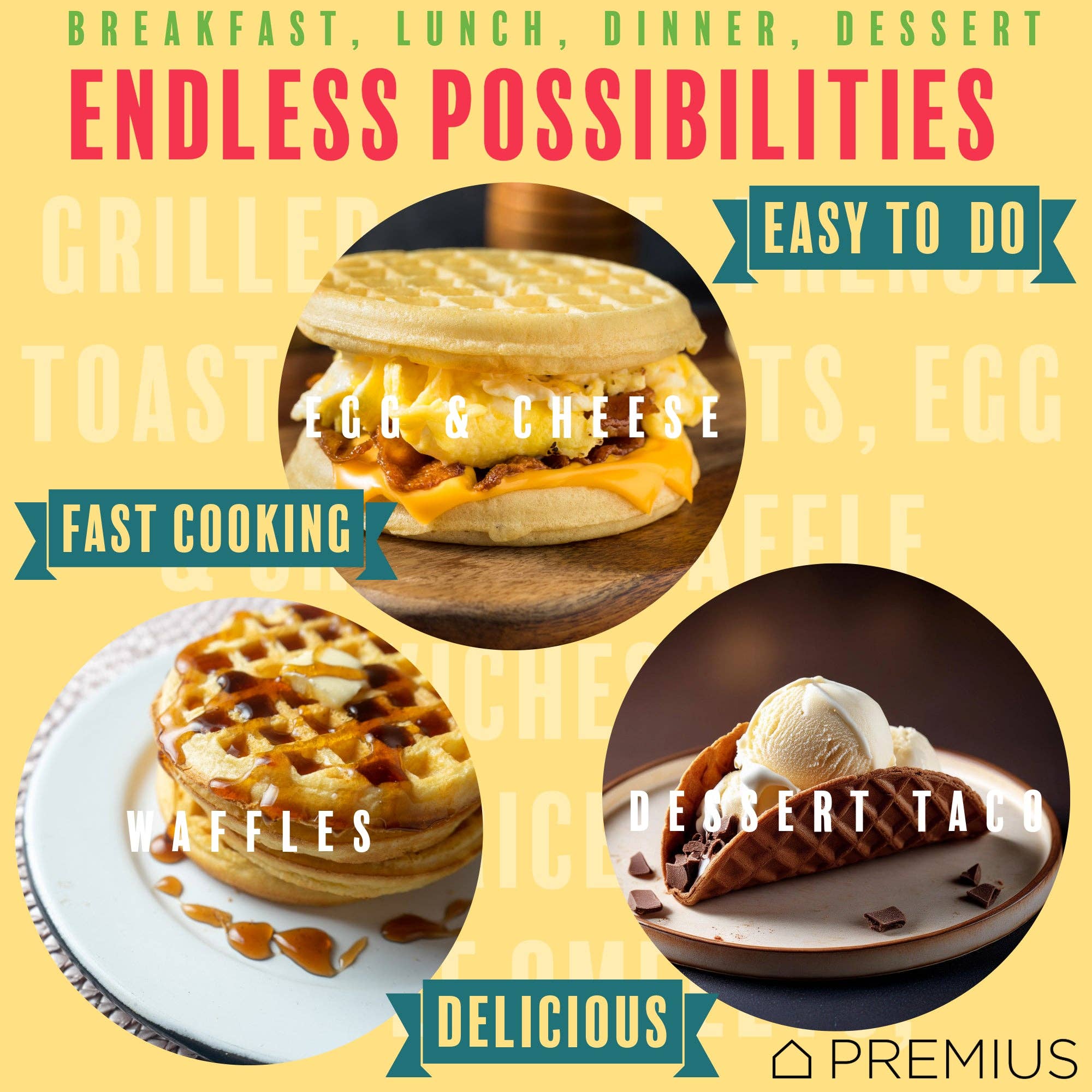 ShopBobbys - Wholesale Kitchen Appliance - PREMIUS Ceramic Non-Stick Mini Snack Waffle Maker, 4 Inch Mold6