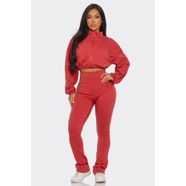 Conjunto de sudadera recortada con cremallera y joggers de cintura alta para venta al por mayor de HiteJeans