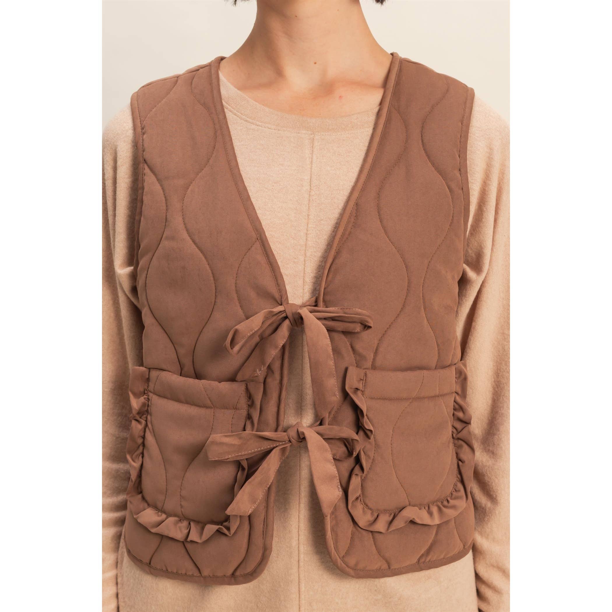 Double Zero - Wholesale Outerwear Vest - Women's - Quilted Vest With Tie-Front And Patch Pockets11