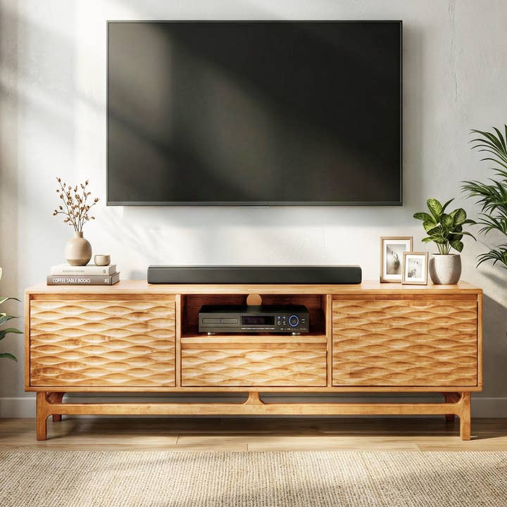 Acacia Elara Solid Wood TV Stand with Storage and Cable Management for TVs up to 80" for wholesale by Megsu