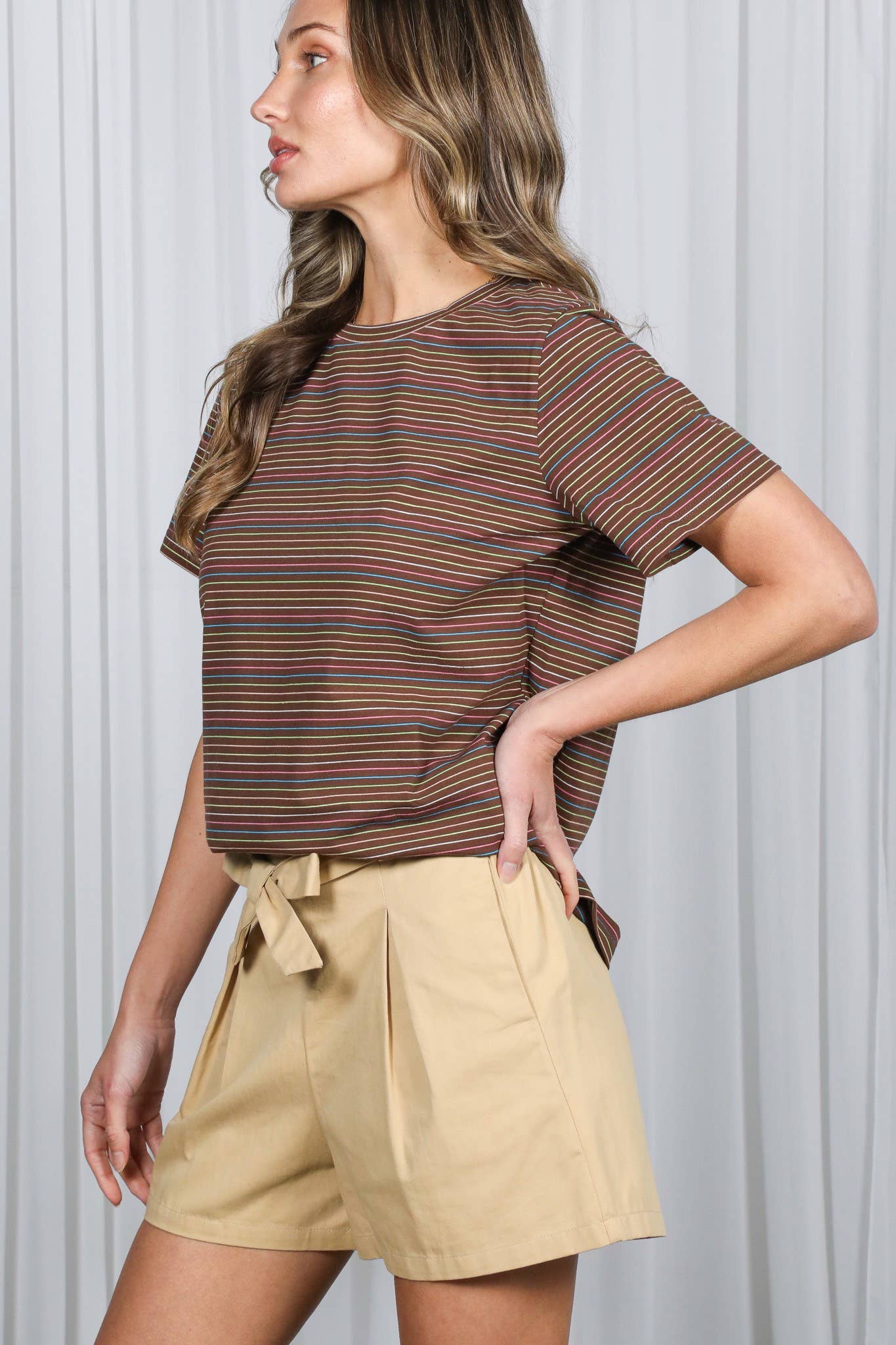 Vine & Love - Wholesale T-Shirt - Women's - Crew Neck Short-Sleeve Multi Striped Cotton Top VT81439A21