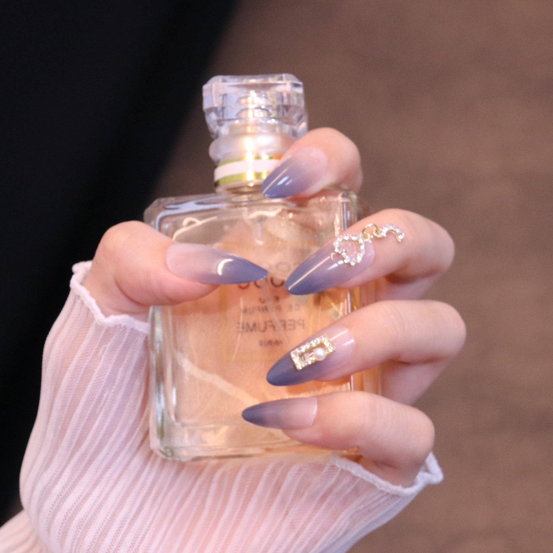 Many Colors Almond Periwinkle Press On Nails with Crystal Pendant Charm for wholesale on Faire6