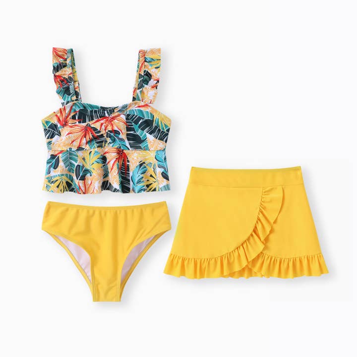 3pcs Kid Girl Floral Print Ruffled Swimsuit for wholesale by PatPat