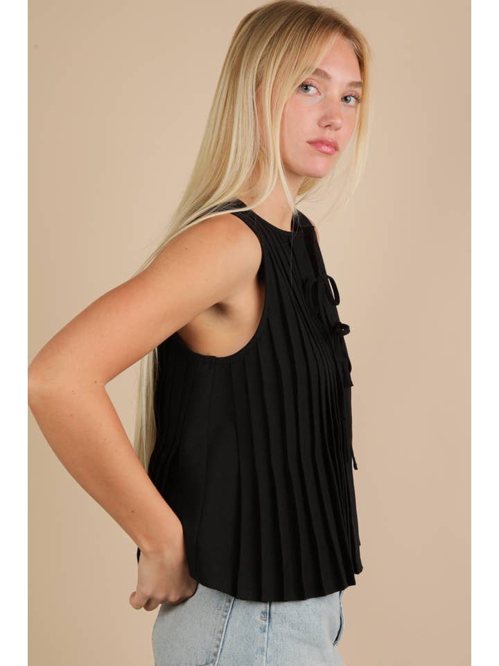 VERY J - Wholesale Blouse - Women's - NT12184-Pleated Woven Blouse Top with Front Tie