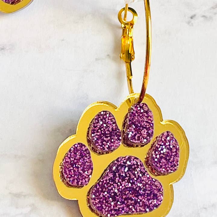 Louie Love - Wholesale Hoop Earrings - Purple & Gold Football Sports Paw Hoop Earrings1