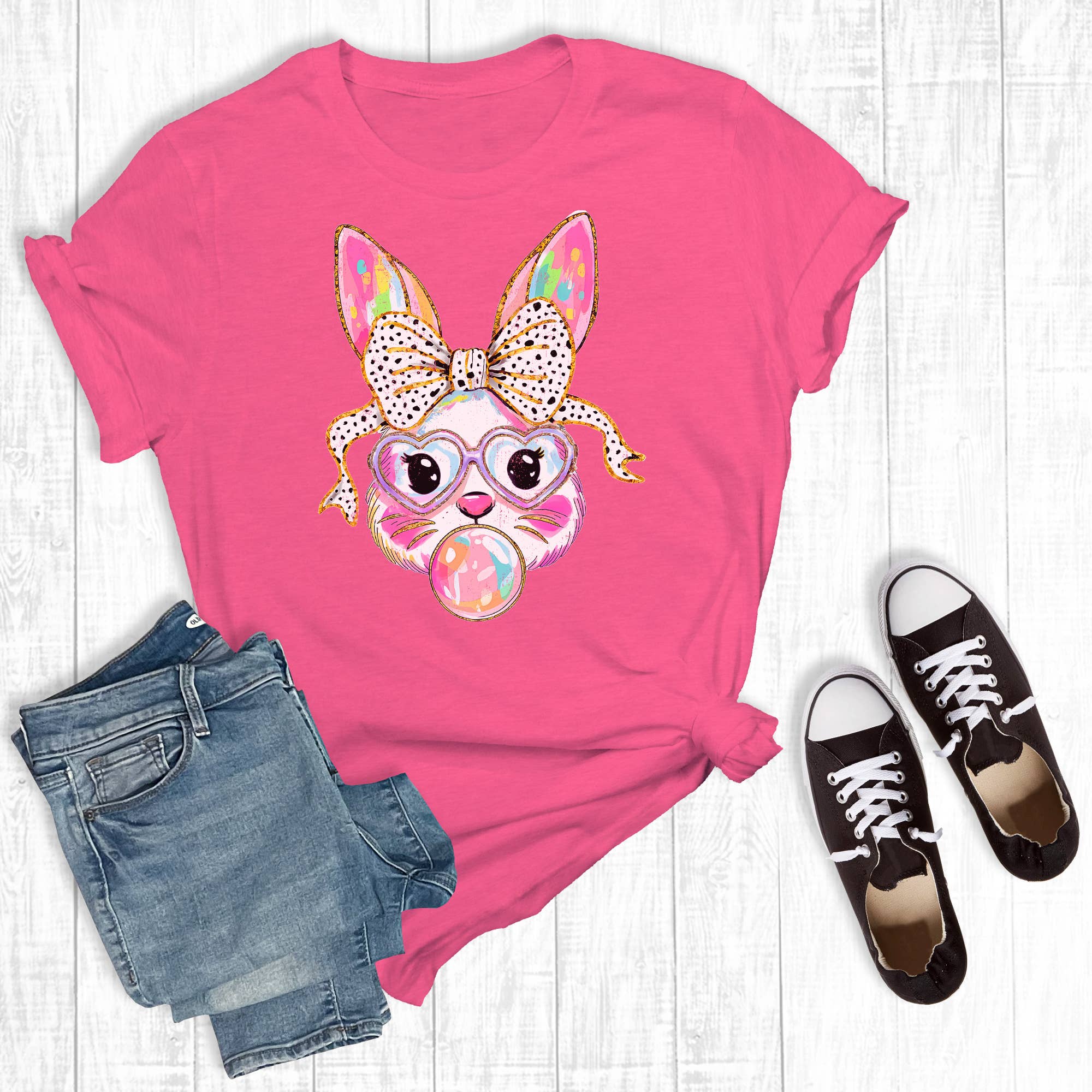 Fusia Easter Colorful Bow Bunny Bubble Graphic Tee for wholesale on Faire