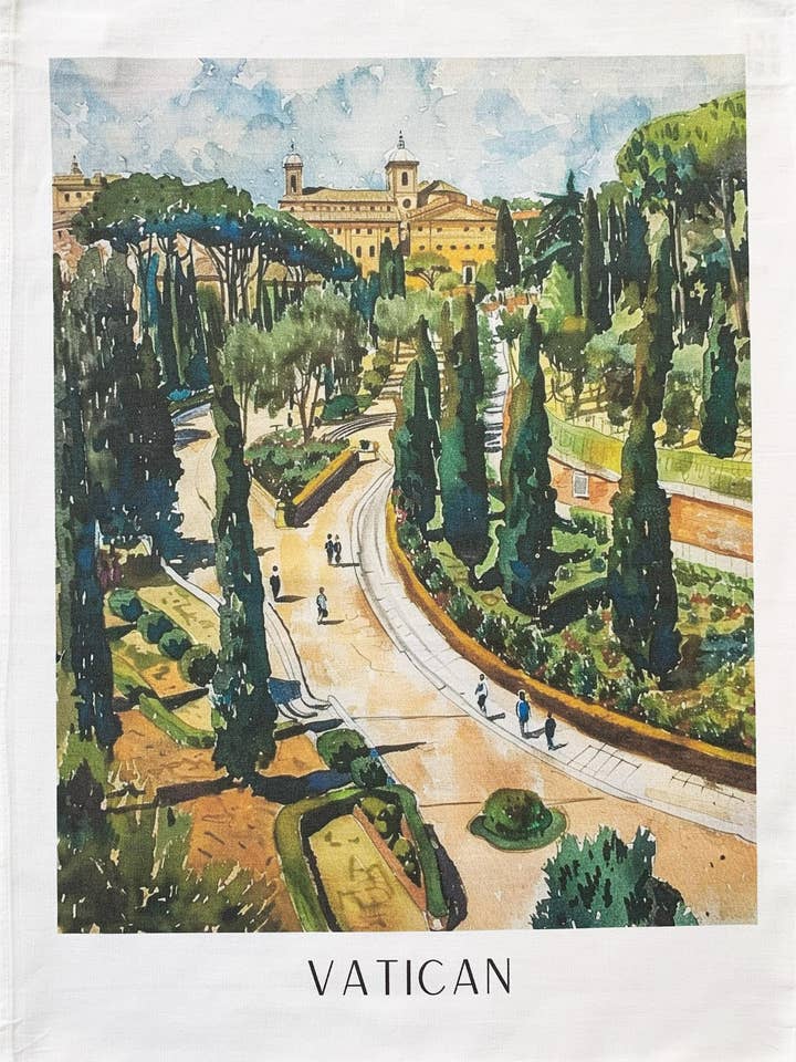 Le grand torchon en coton Les Jardins du Vatican pour la vente par Half a Donkey