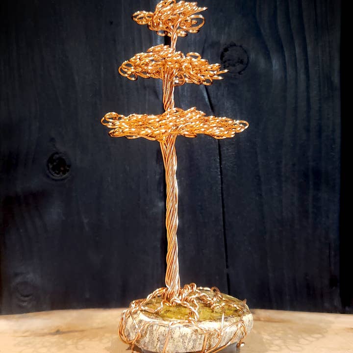 Wire Copper Redwood Tree Sculpture on Petrified Wood for wholesale by Elysian Workshop