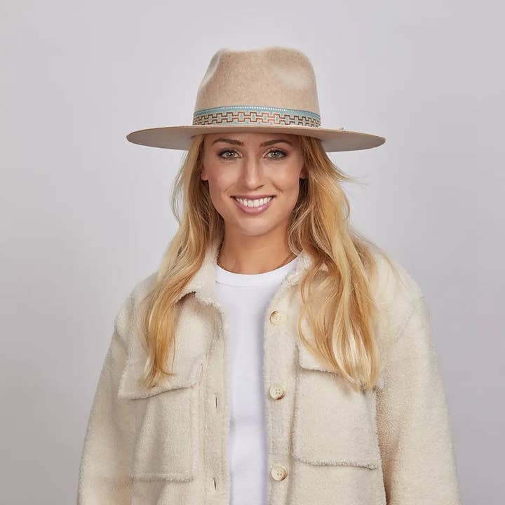 Oatmeal Wide Brim Wool Felt Fedora Rancher Hat - Style Maldives Moon for wholesale on Faire
