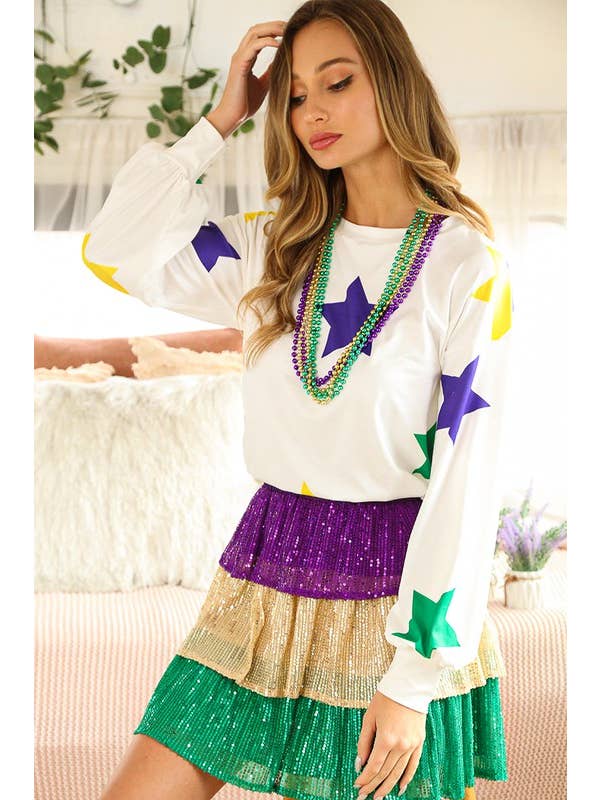 Vine & Love - Wholesale Sweatshirt - Women's - Mardi Gras Crew Neck Long Sleeve Star Jersey Top VT81357DP11