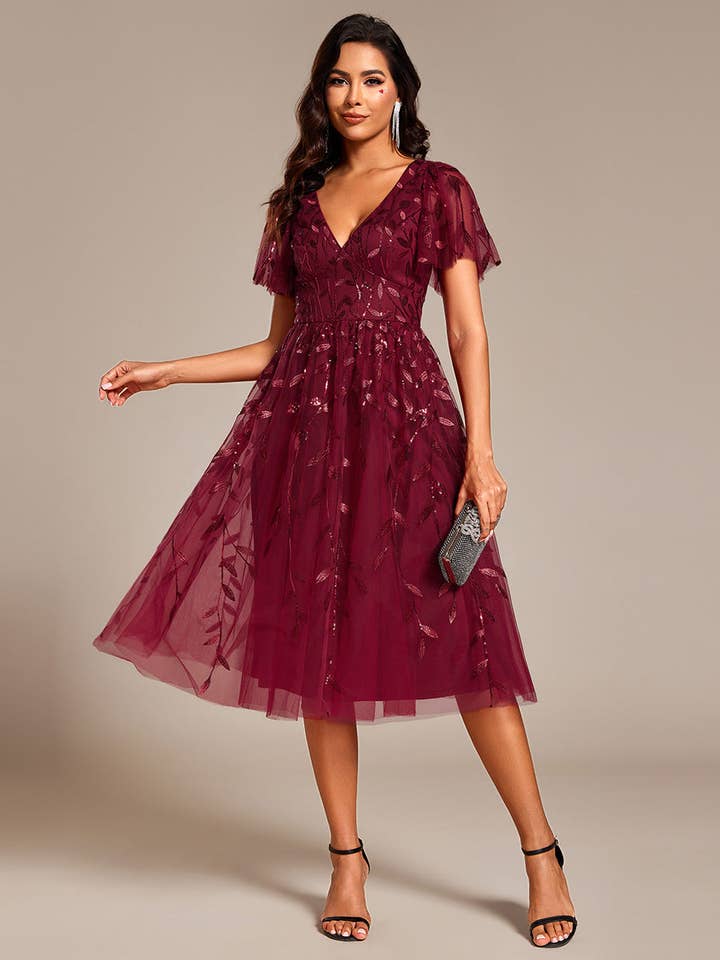 Ever-Pretty - Wholesale Dress - Women's - Exquisite Ruffles Sleeve Tulle Sequin Dresses