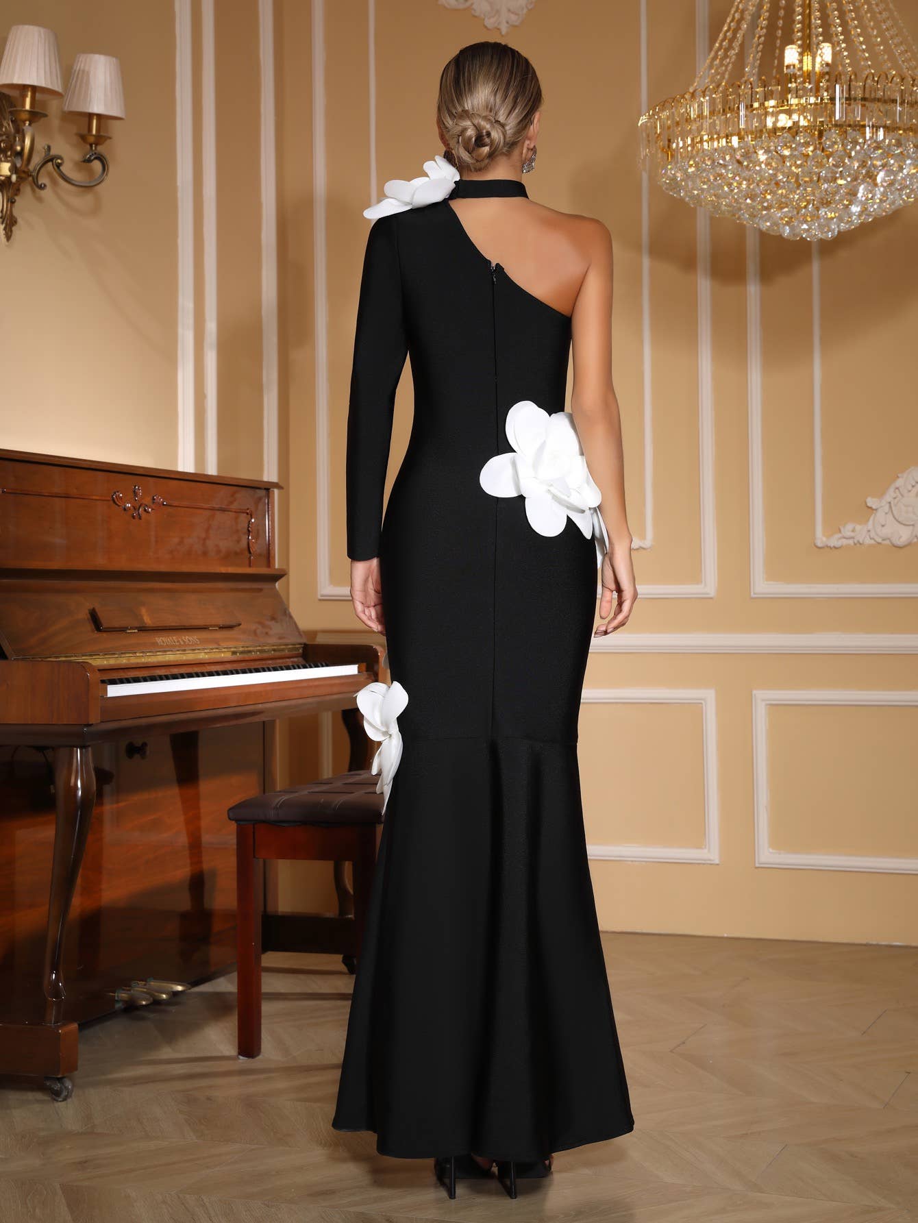 Black DR746Y One-Shoulder Slim Bandage Dress with 3D Flowers for wholesale on Faire1