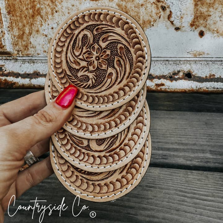 Texas Western Cowhide Bags and More - Wholesale Coasters - Handmade Tooled Leather Coaster Set, home decor, barware