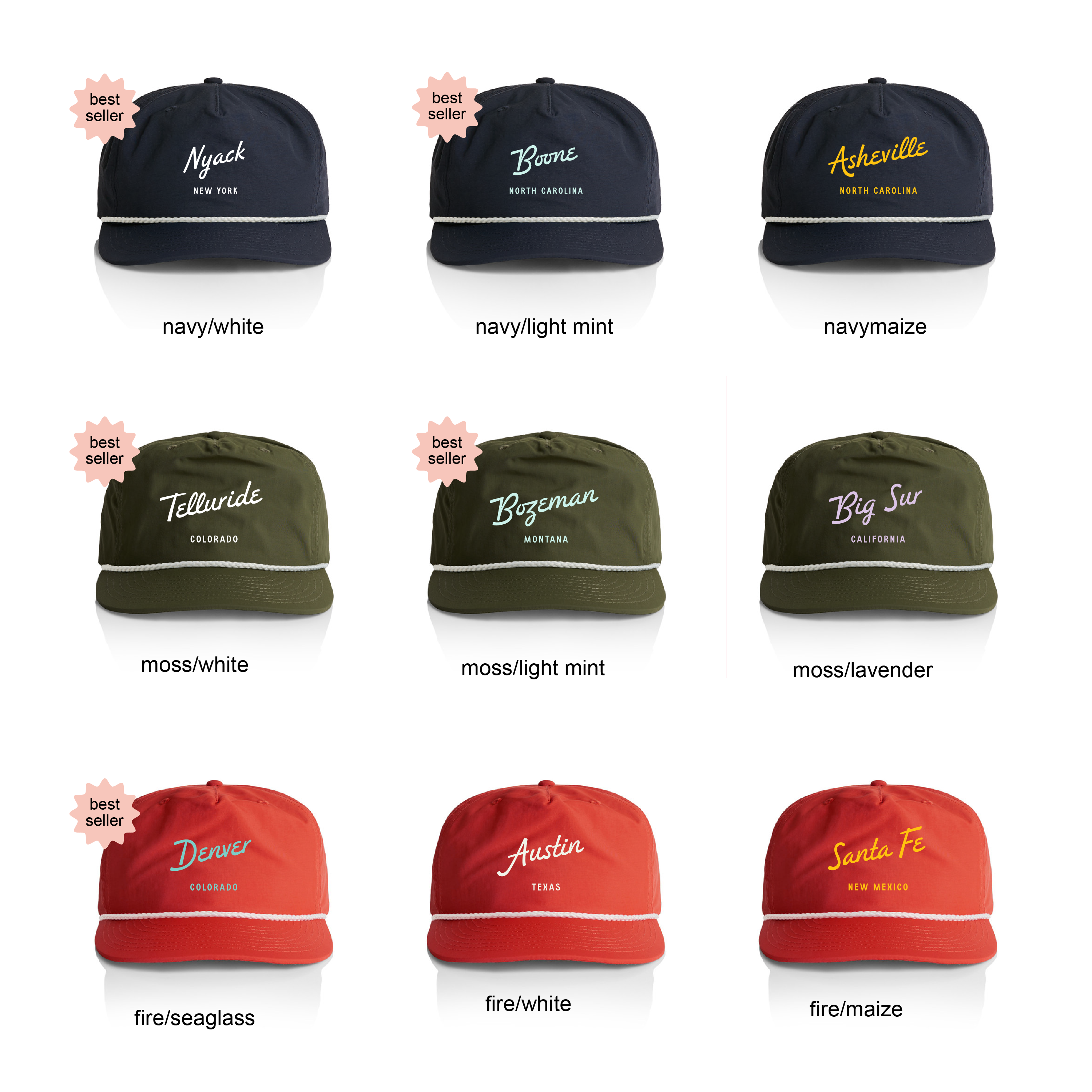 Endless August Supply Co. - Vente Casquette de baseball – unisexe - Chapeau en corde de nylon personnalisé | Chapeau avec nom | Chapeau de ville script3