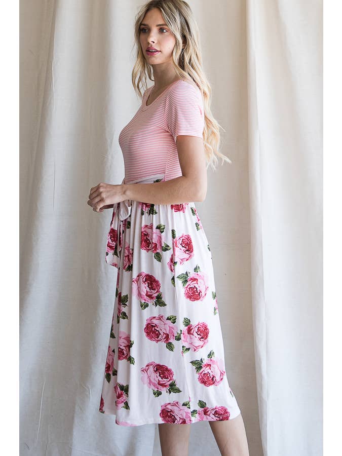 7th Ray - Wholesale Dress - Women's - Floral Waist Tie Short Sleeve A-Line Midi Dress D41992