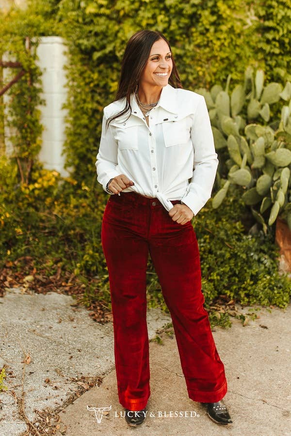 LUCKY & BLESSED - Wholesale Jeans - Women's - Wine Corduroy Mid Rise Trouser Stretch Jeans (32in)2