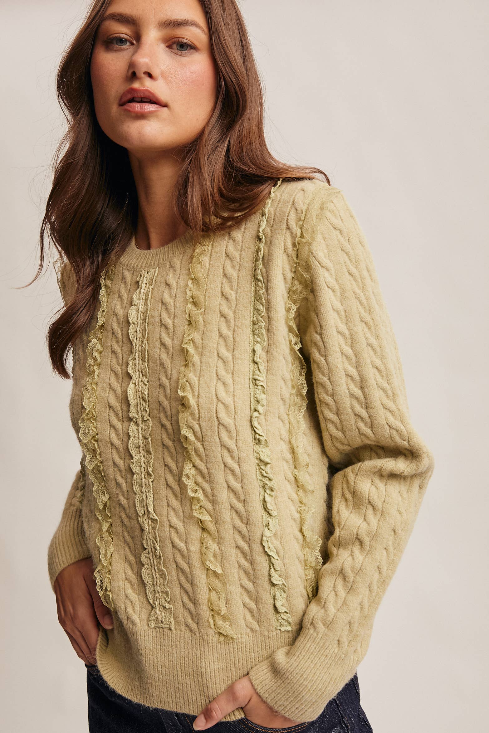 Forte - Wholesale Knit Sweater - Women's - Lace Trim Cable Knit Pullover FSW00103