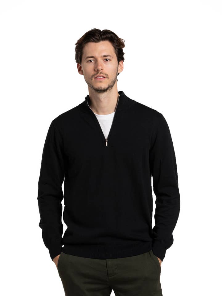 Zip Mock Neck Cotton Sweater in Black for wholesale by Rue Saint-Patrick