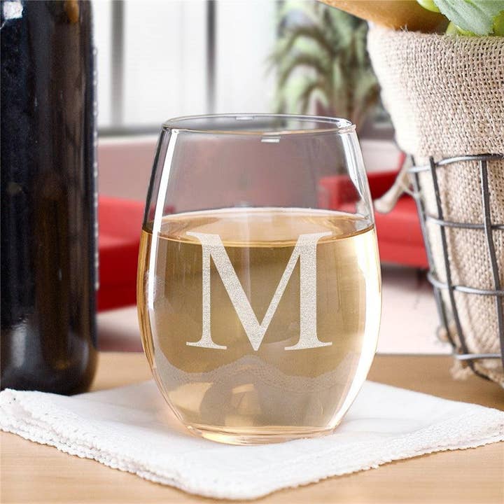 Engraved Any Initial Block Stemless Wine Glass for wholesale by Sunny Jar Personalized