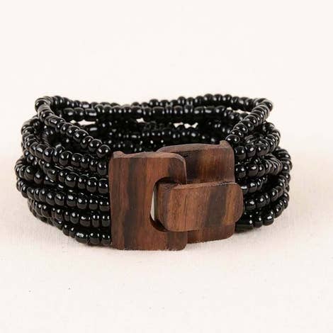 Pink House Imports - Wholesale Beaded Bracelet - Bali Glass Beads Bracelet with Mini Wood Buckle0