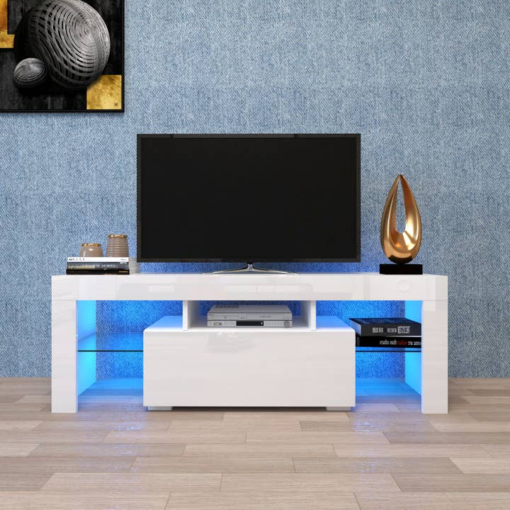 Entertainment Tv Stand, Large Tv Stand Tv Base Stand With Led Light Tv Cabinet. White 50 59 Inches Mdf for wholesale by Orange County Decor