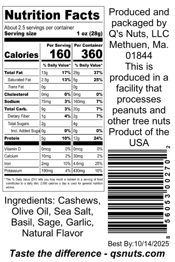 Q's Nuts, LLC - Wholesale Nuts - 2.25 oz Garlic Basil Sage Cashews1