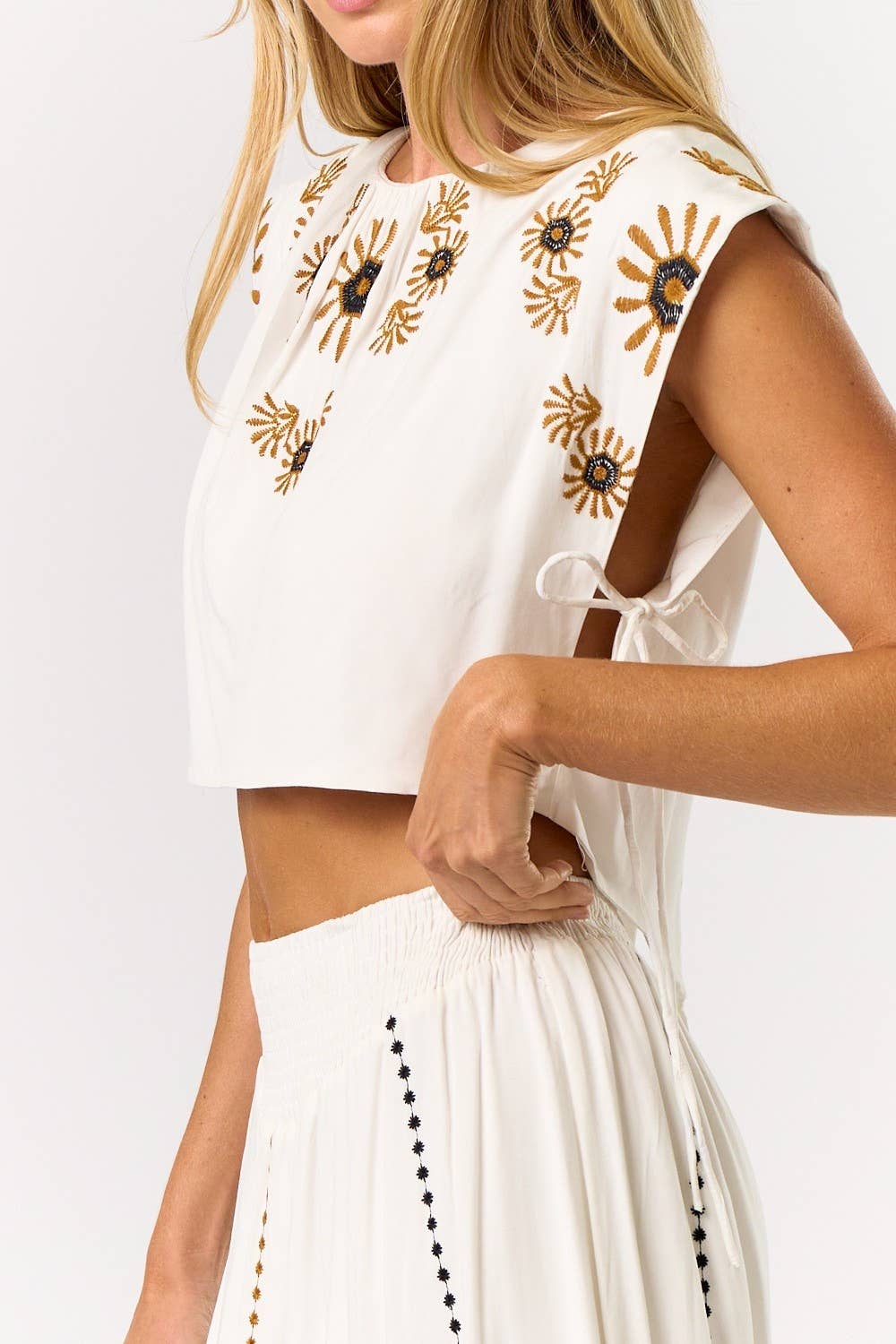OFF WHITE Boho Embroidered Crop top W/ Matching Maxi Skirt  for wholesale on Faire2