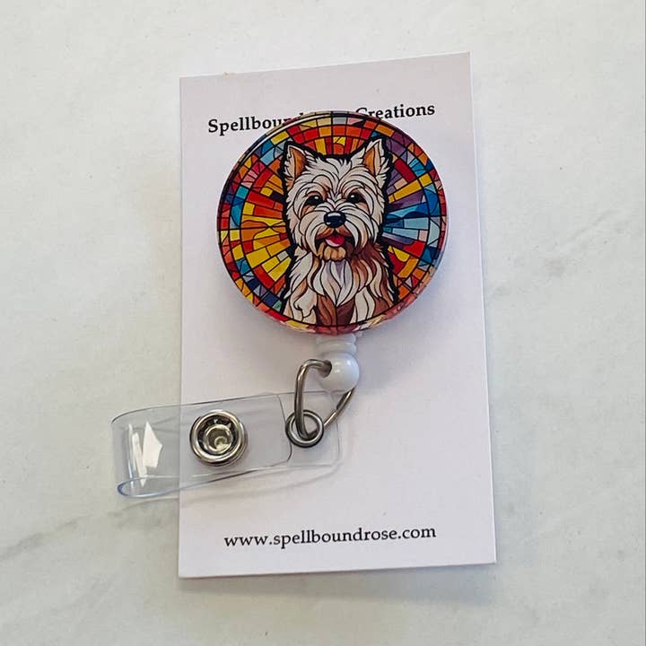 Faux Stained Glass Westie Badge Reel for wholesale by Spellbound Rose Creations