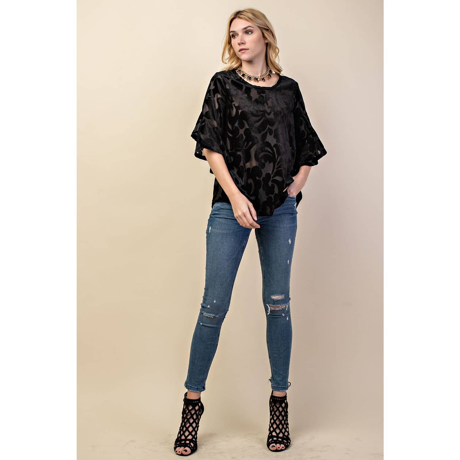 VOCAL - Wholesale Blouse - Women's - VELVET RUFFLE SLEEVE KNIT TOP1