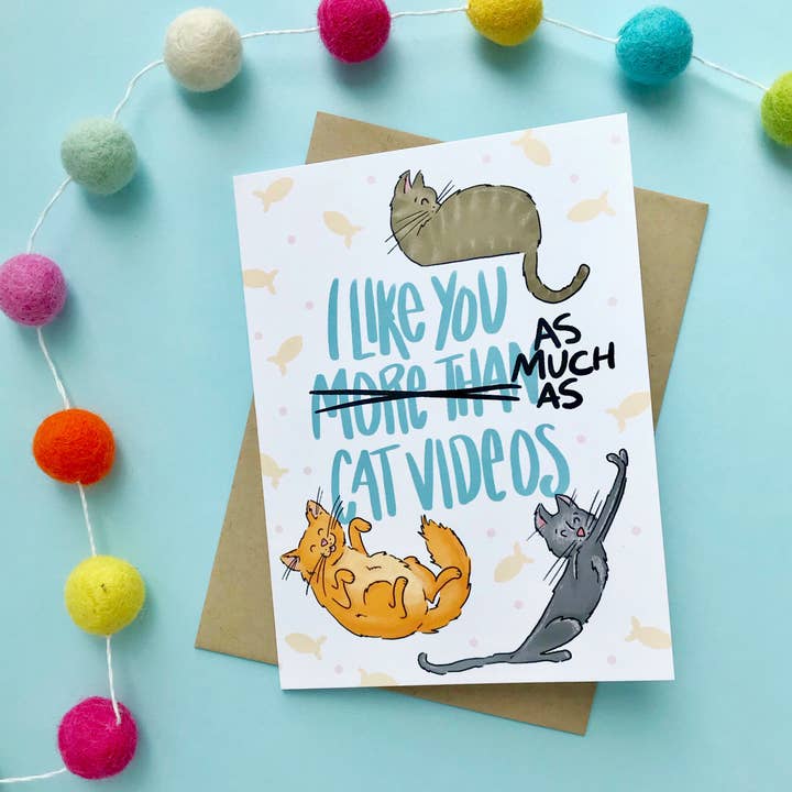 I Like You & Cat Videos Card | Cat Card | Love Cats Card for wholesale by Praxis Design Studio