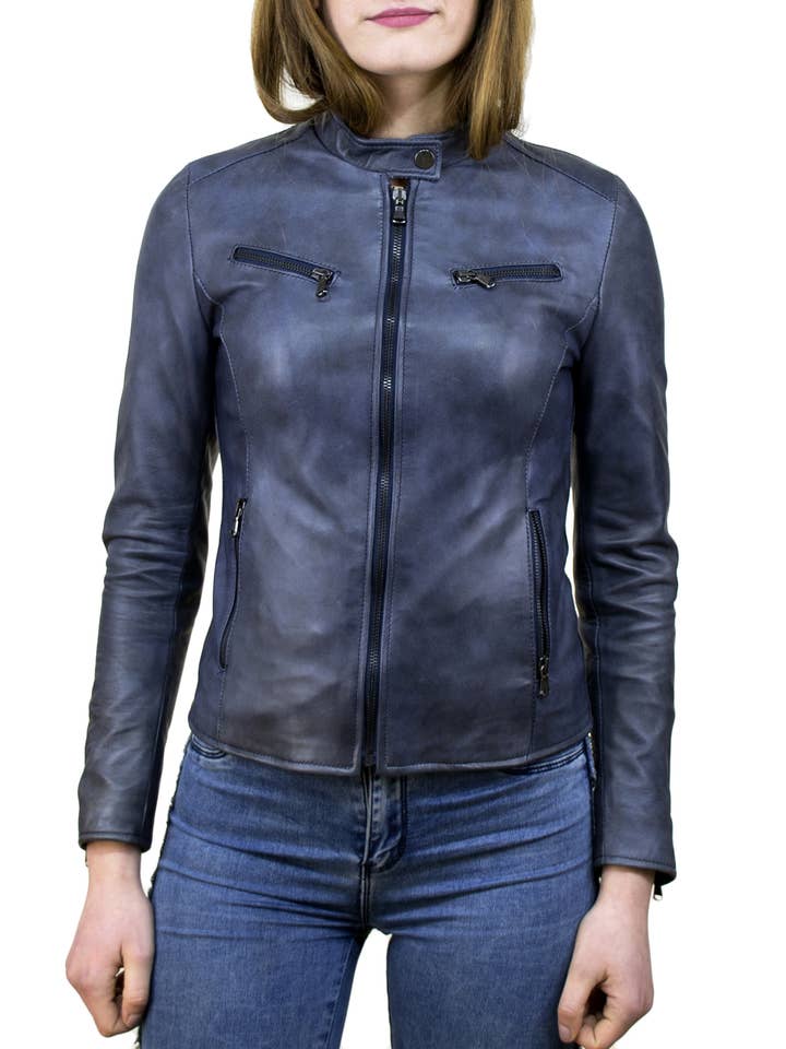 VANESSA - KVINDE JAKKE I ÆGTE ALDEREN BLÅT LÆDER for engroshandel hos Michelangelo srls