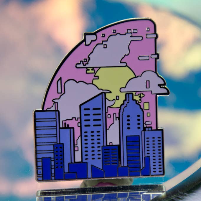 City Sunrise Vaporwave Enamel Pin for wholesale by Glitchberry