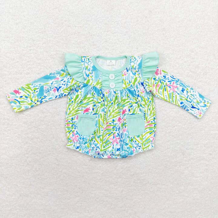 Baby Infant Toddler Girls Green Leaves Pockets Ruffles Rompers for wholesale by Aier Wholesale