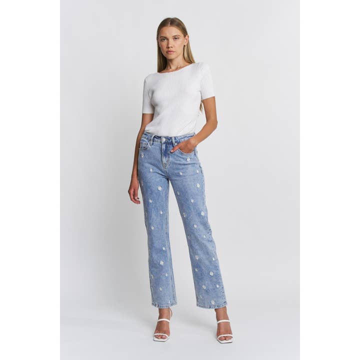 HIGH RISE STRAIGHT LEG WITH EMBROIDERY JEANS for wholesale by Mica Denim