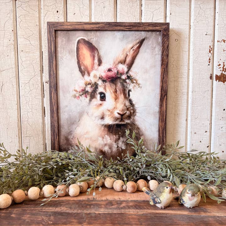 Vintage Konijn met Bloemenkroon Houten Bord voor wholesale door WillowBee Signs & Designs