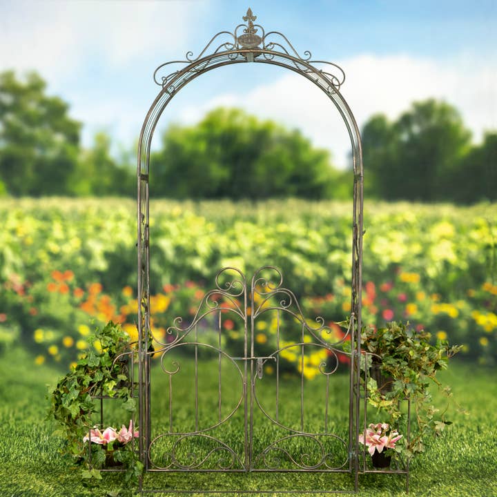Zaer Ltd. International - Wholesale Outdoor Ornament/Decor - Iron Garden Gate w/Side Plant Stands "Stephania" in 3 Colors22