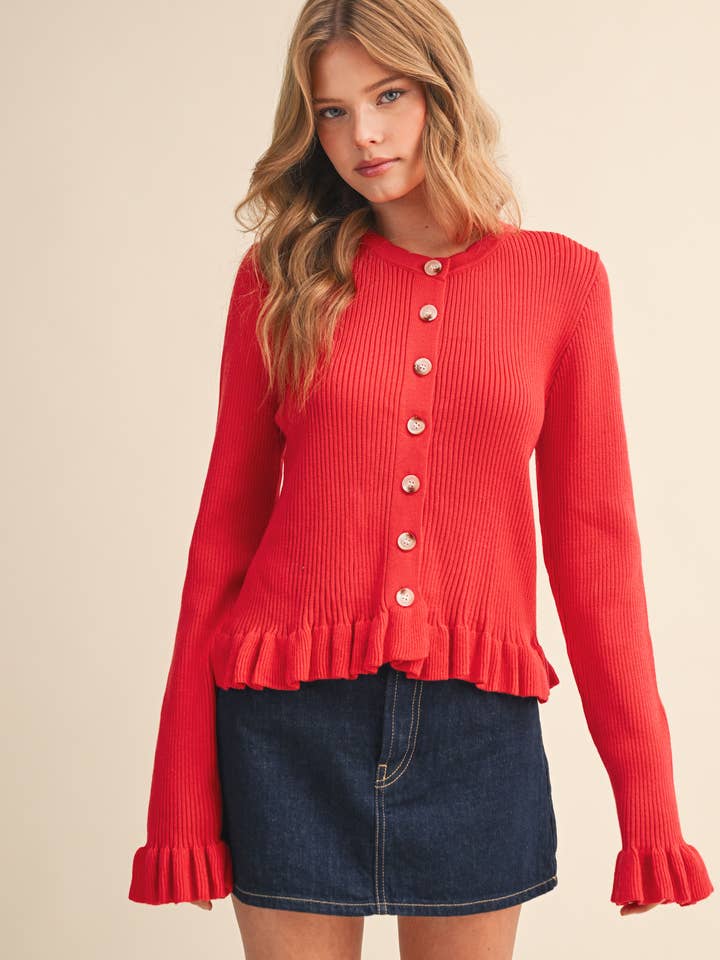 &MERCI - Wholesale Cardigan - Women's - RUFFLE HEM RIBBED KNIT SWEATER CARDIGAN MSW112498