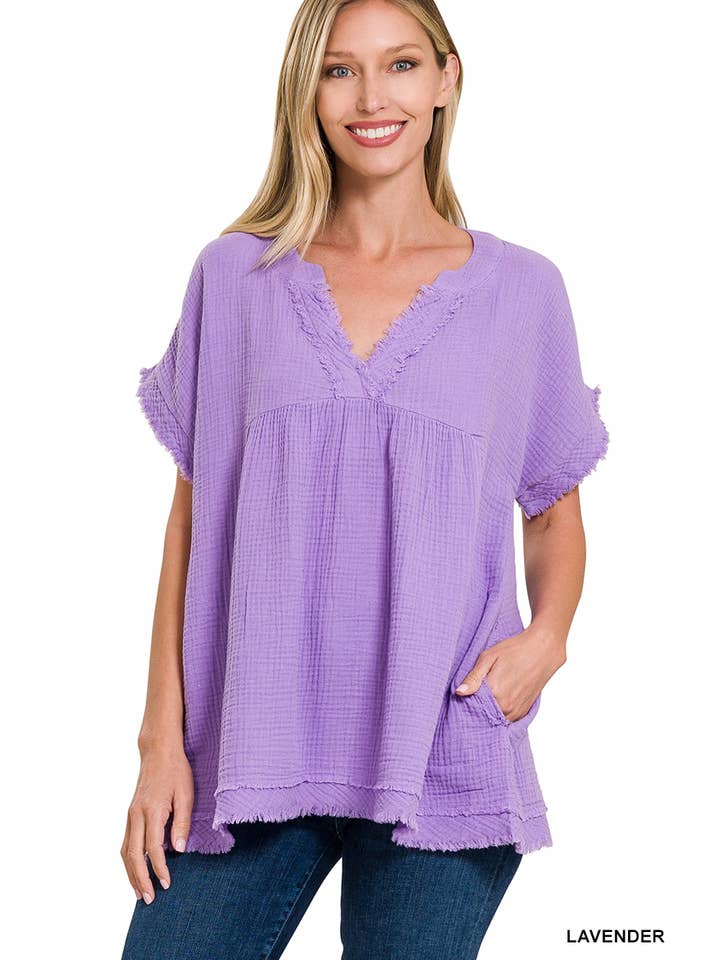 42POPS – wholesale Tunika - Dam – "Rå kant kortärmad V-ringad tröja6