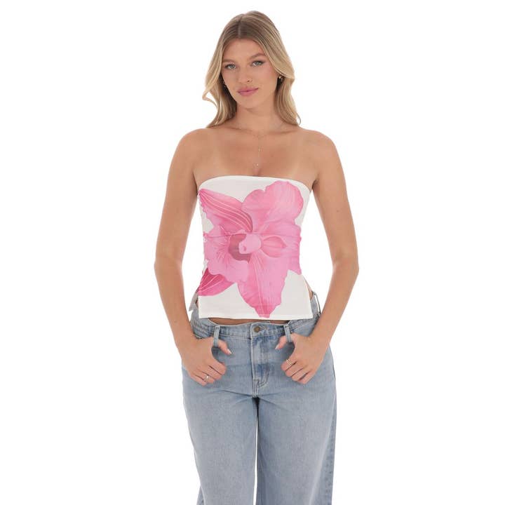 Lucy In The Sky - Wholesale Dress - Women's - Mesh Floral Slit Top in White