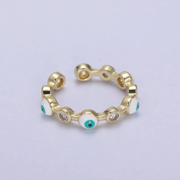 Aim Eternal - Wholesale Multi-Stone Ring - White, Teal, Blue, Black Round Evil Eye Enamel Clear CZ Stackable Ring | U073 - U076