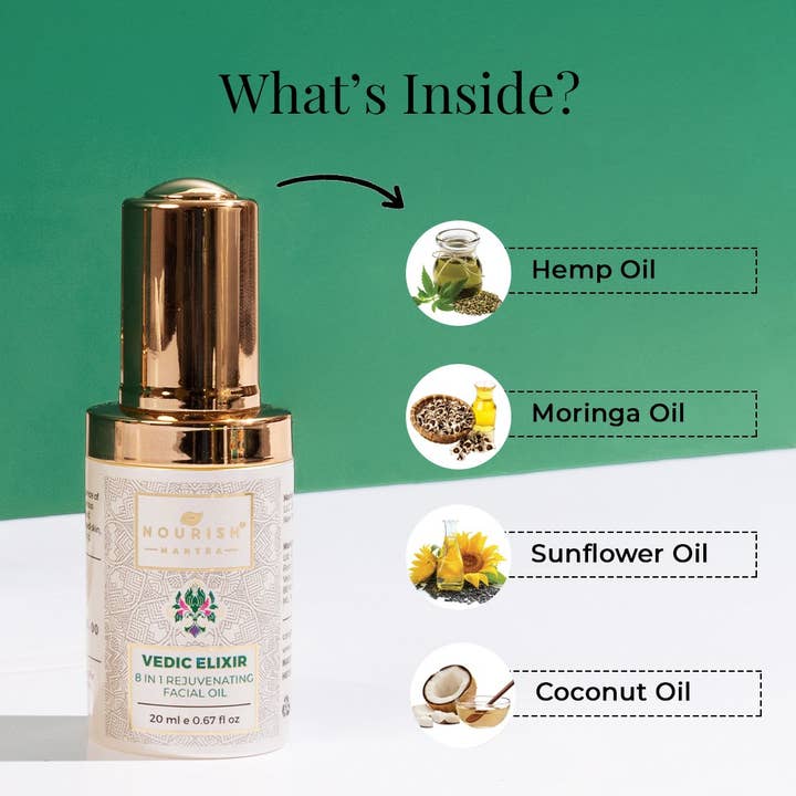 Nourish Mantra – Óleo facial por atacado – Óleo facial rejuvenescedor 8 em 1 de elixir védico2