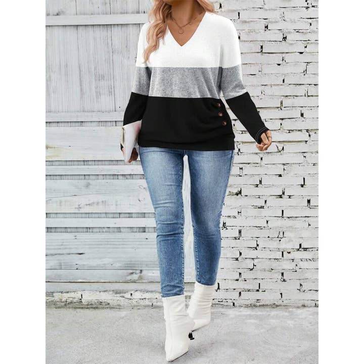 White Colorblock Pullover V-Neck Long Sleeve Knit Top ZK3726 for wholesale on Faire4