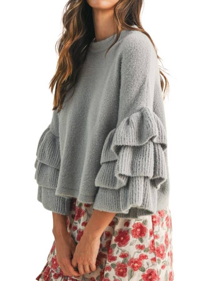 Fuzzy Tiered Ruffle Sleeve Loose Fit Sweater Top for wholesale by Vanilla Monkey