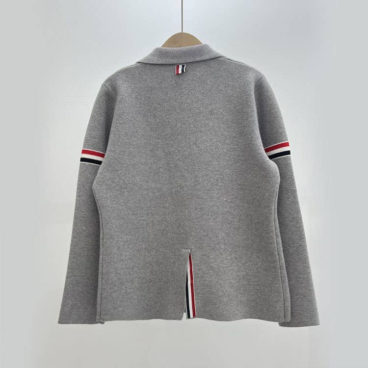 Sanyao Fashion - Vente Cardigan – femme - Cardigan en maille gris à col de costume avec détail rayé1