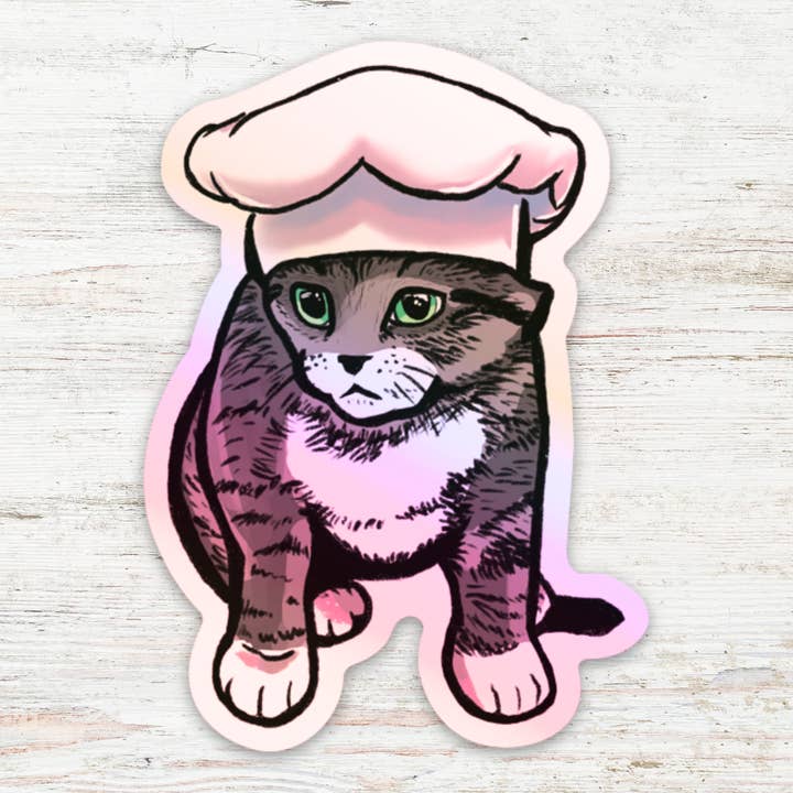 Chef Kitten Holographic Vinyl Sticker for wholesale by Angry Gato Designs